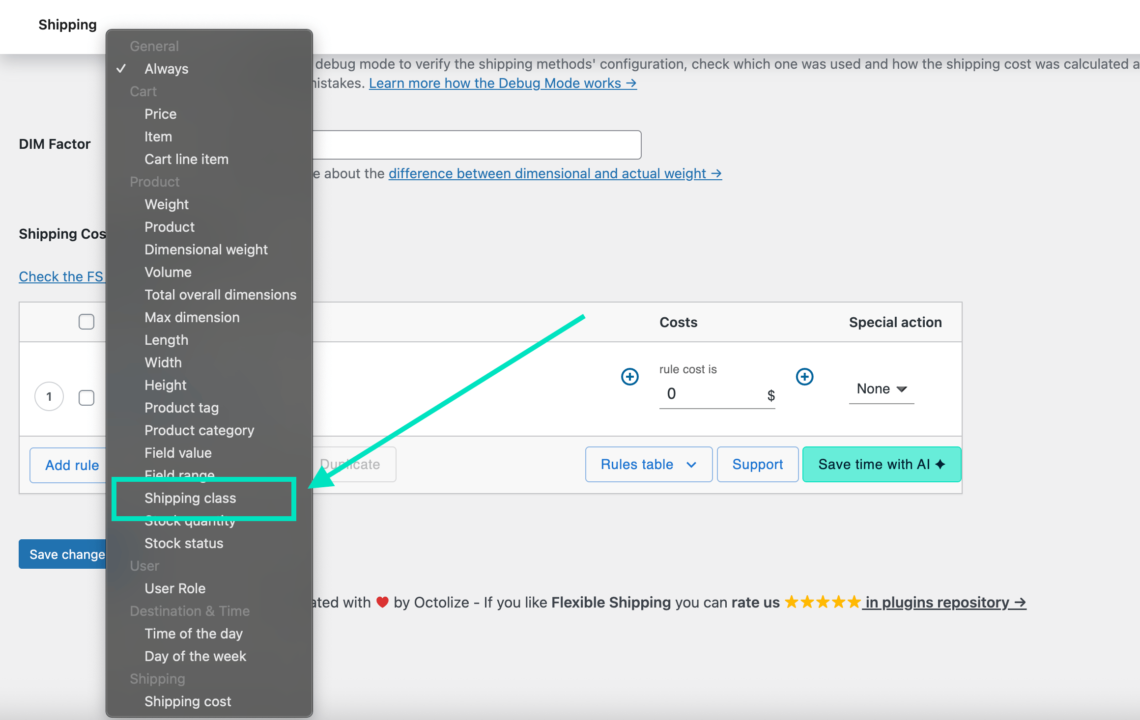shipping class condition in the shipping cost calculation table