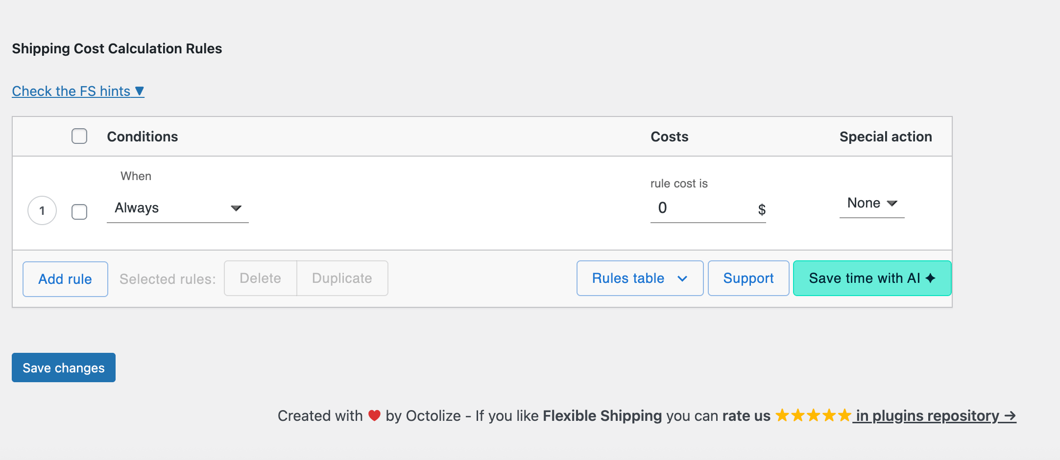 Shipping Cost Calculation Rules table