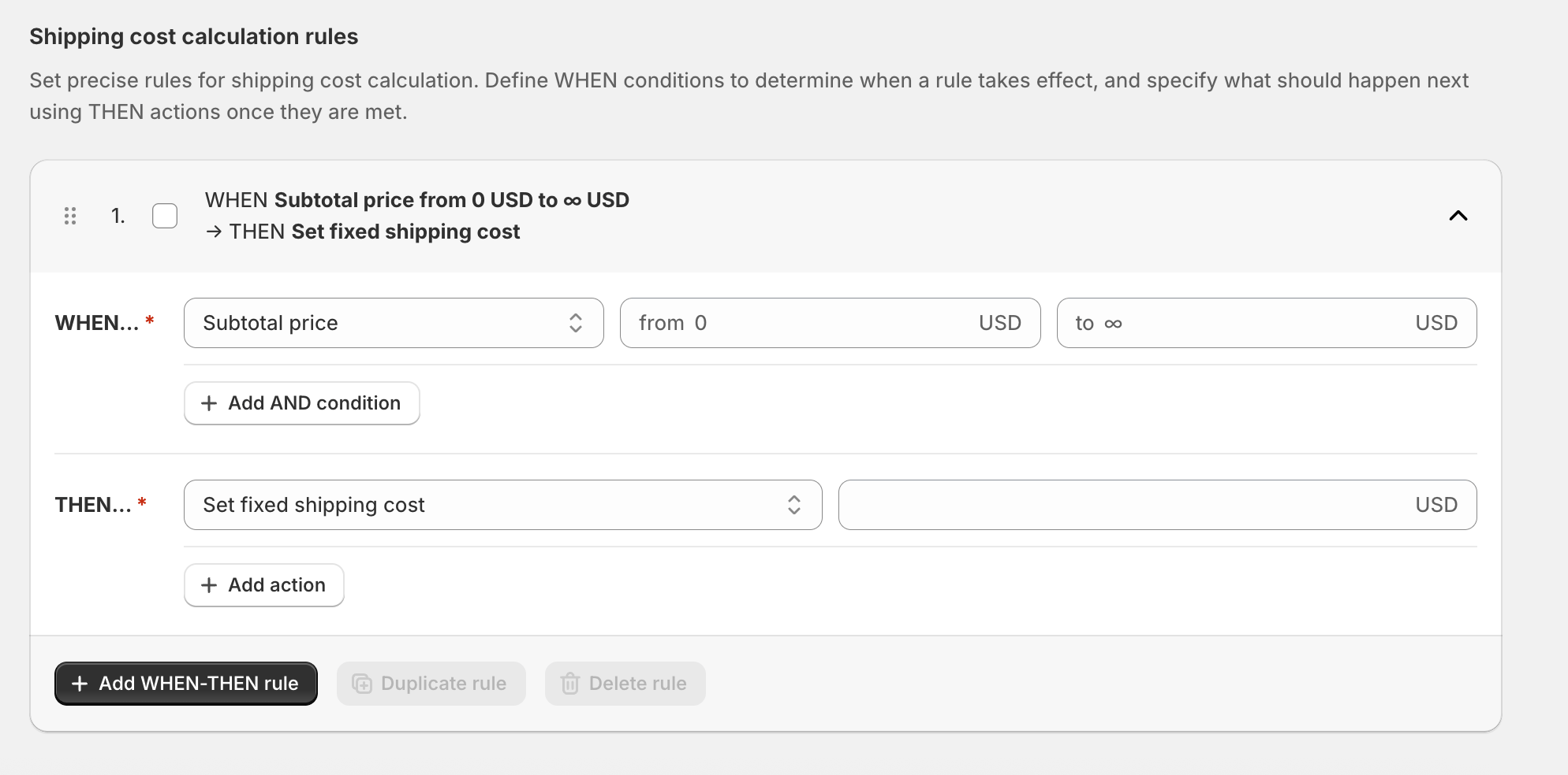 Shipping cost calculation rules