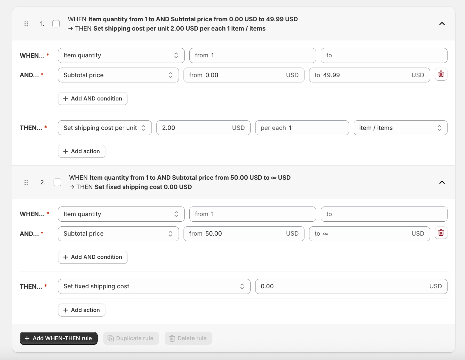 Item quantity + Subtotal price (per-unit pricing with a free shipping cap)