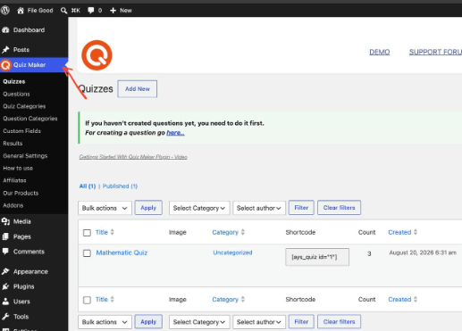 QuizMaker tab in WordPress dashboard
