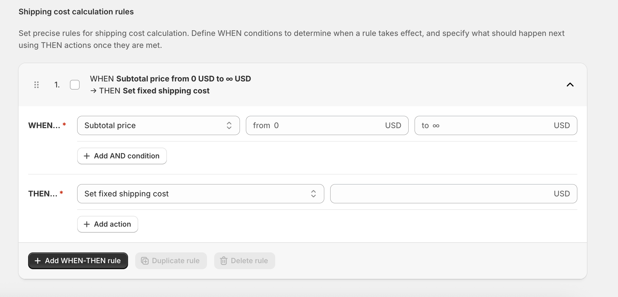 shipping cost calculation rules table in Shopify