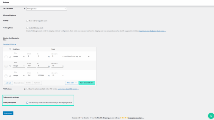 WooCommerce shipping method settings with pickup points at the bottom