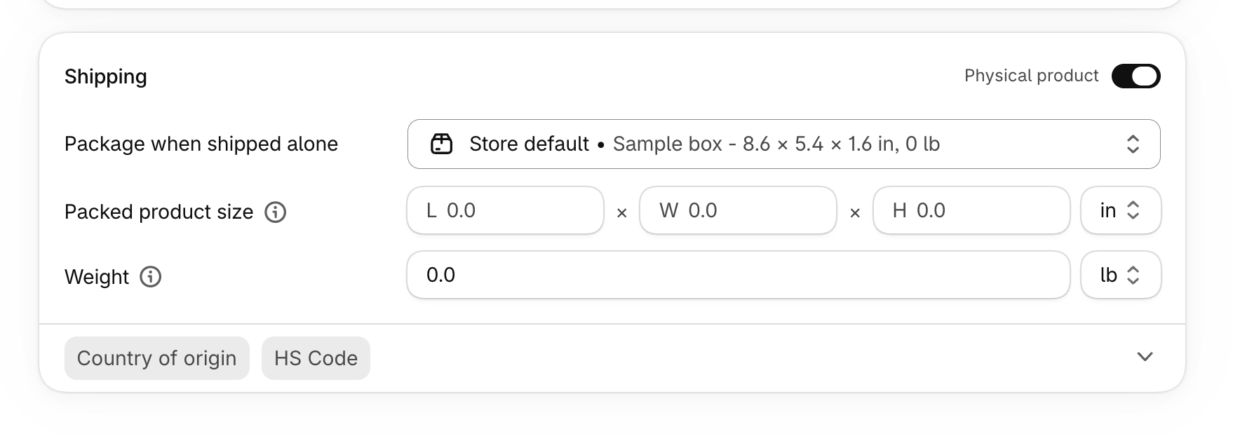 Shopify shipping settings on product configuration page
