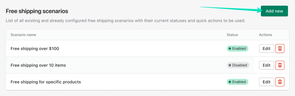 Adding new free shipping scenario with Octolize Free Shipping PRO Shopify app