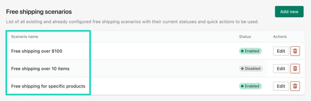 Octolize Free Shipping PRO Shopify app's Scenario name column