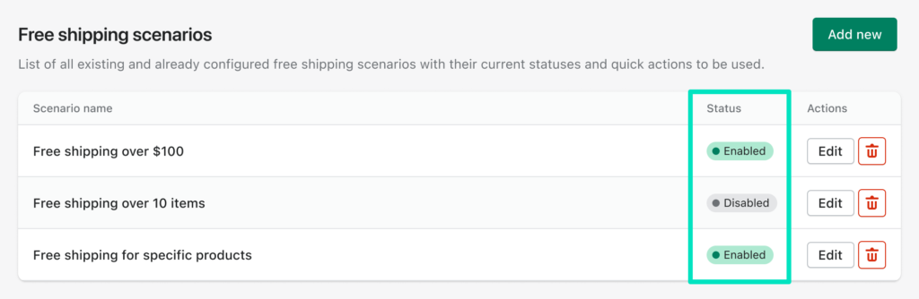 Octolize Free Shipping PRO Shopify app's Status column