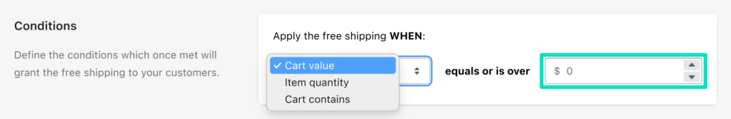 Octolize Free Shipping PRO Shopify app's Condition value field