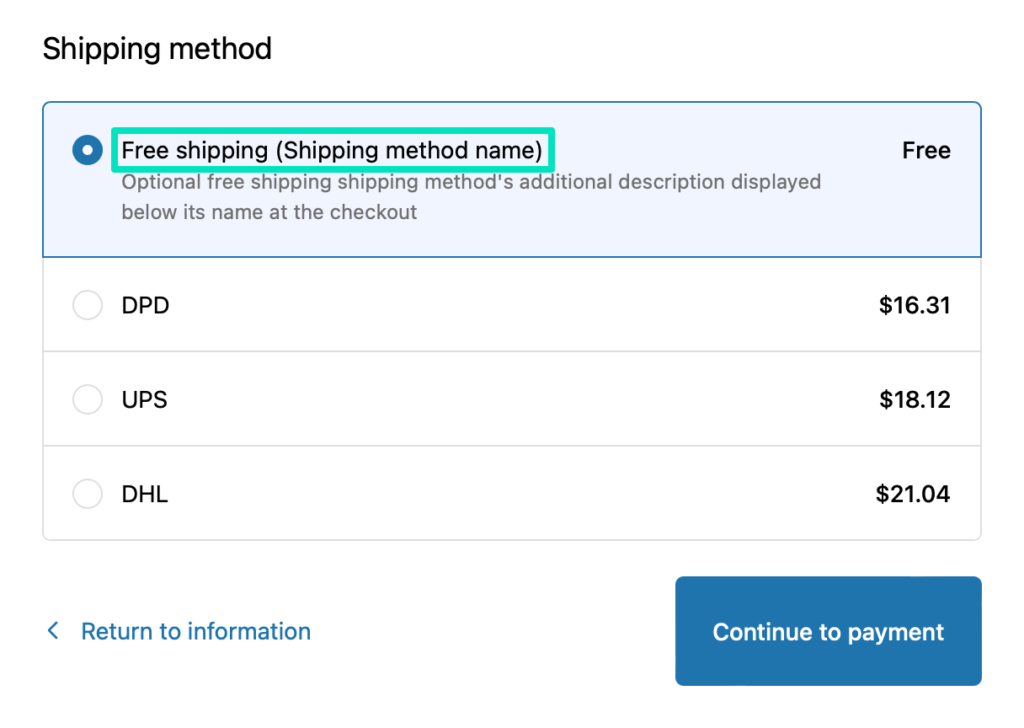 Free shipping method's name displayed at the Shopify store's checkout