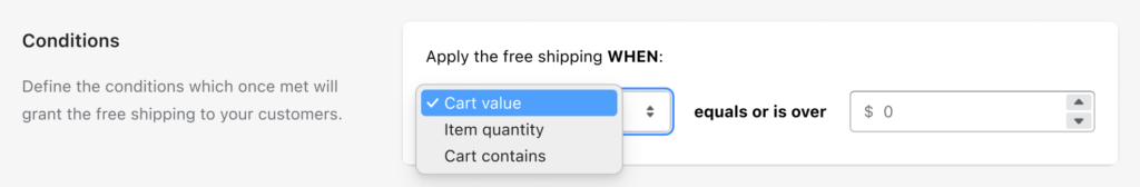 Octolize Free Shipping Goals Shopify app's Conditions settings section