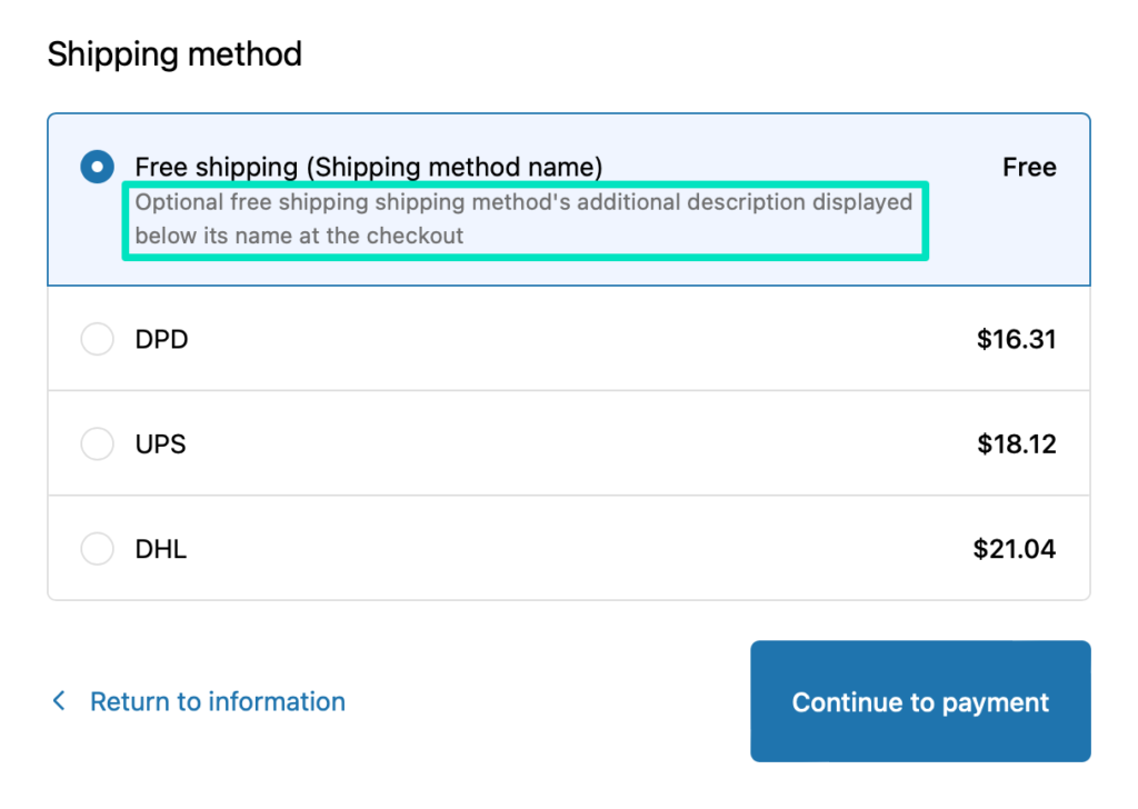 Free shipping method's additional description displayed at the Shopify store's checkout