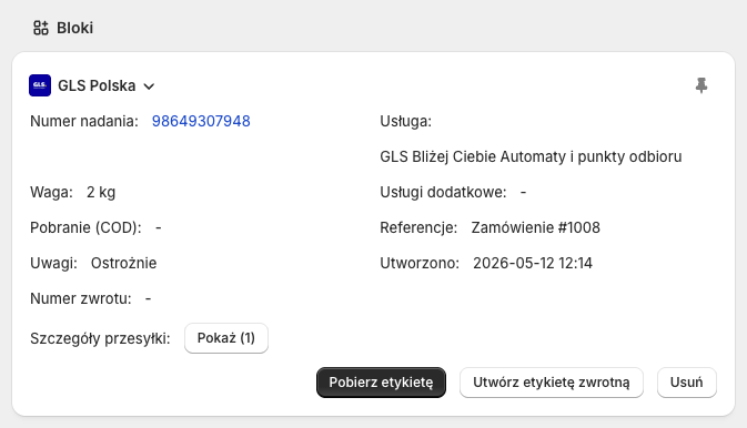 Blok GLS Polska - Utworzona przesyłka GLS