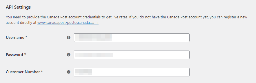 Canada Post Woocommerce Live Rates Api Settings