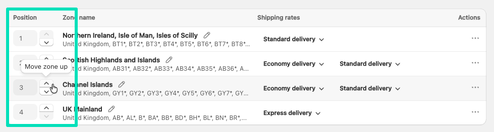 Reordering shipping zones Shopify