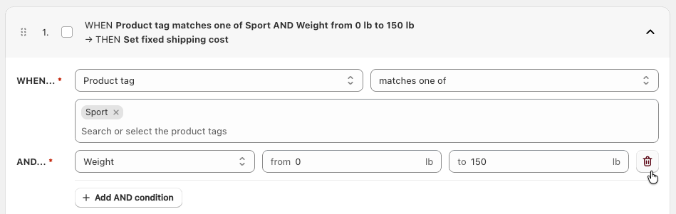 'Delete AND condition' button