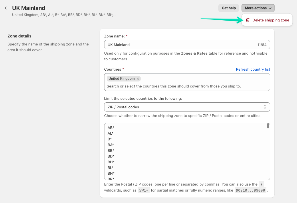Shipping Rates Rules & Shipping Zones Shopify app: Delete custom shipping zone
