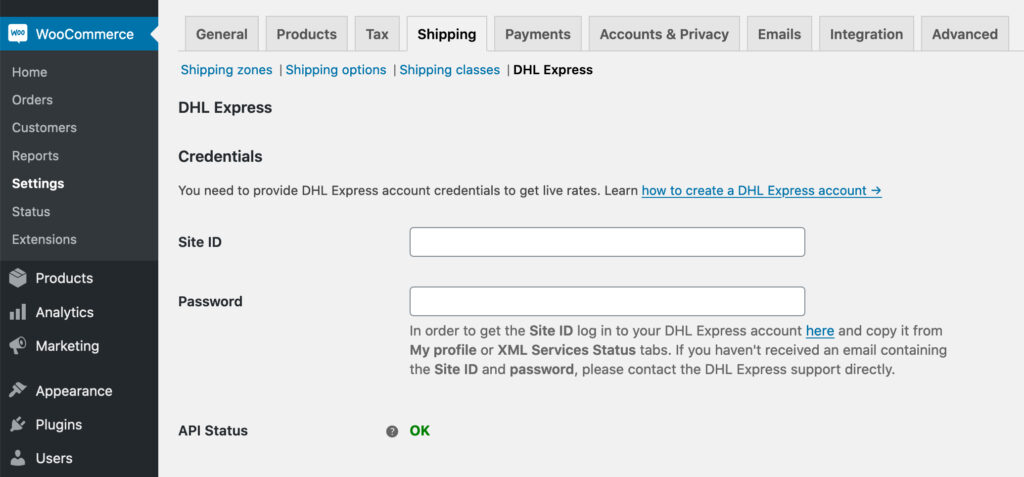 Dhl Express General Settings Credentials