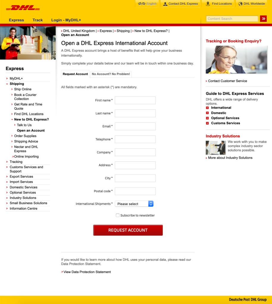 Dhl Express How To Create An Account Request Account Form