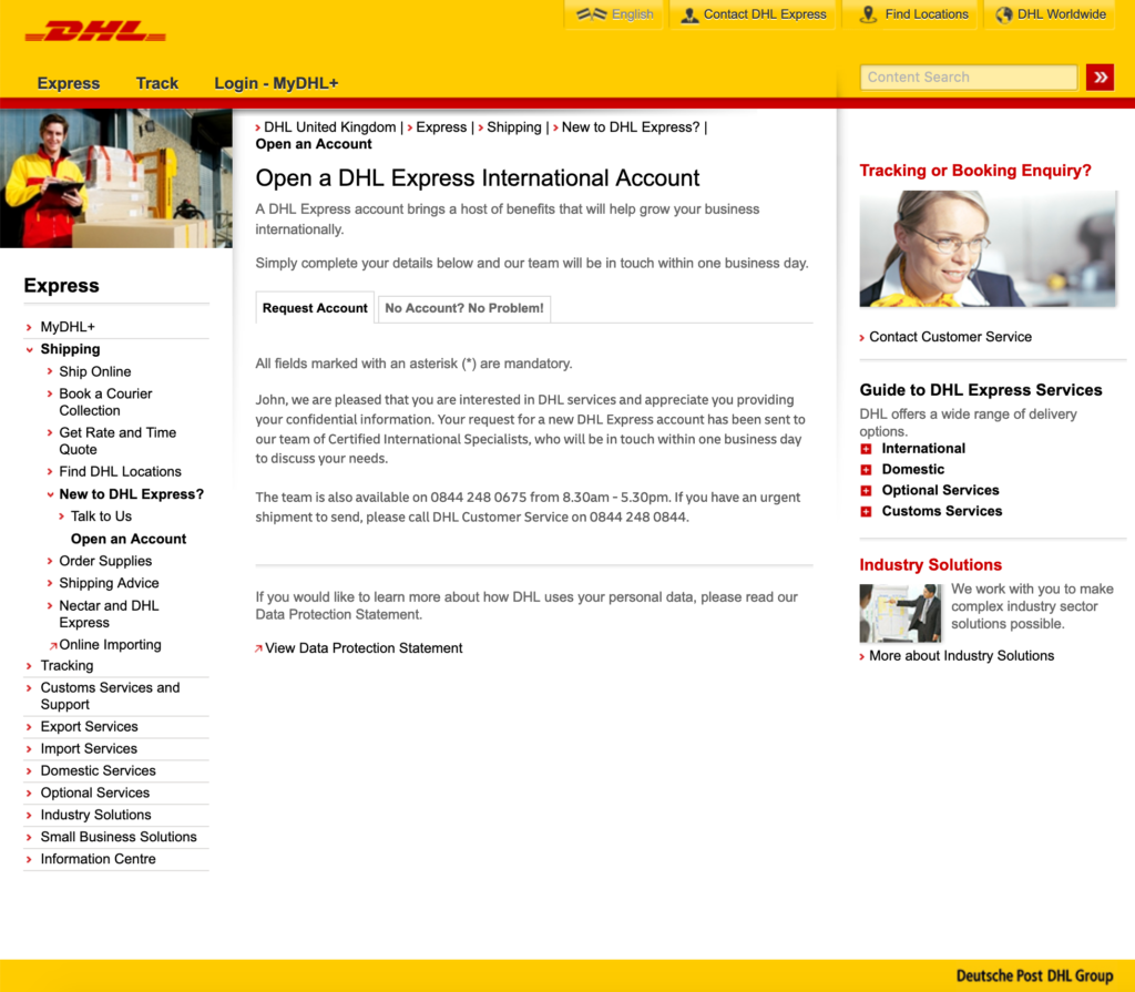 Dhl Express How To Create An Account Request Account Form Submitted