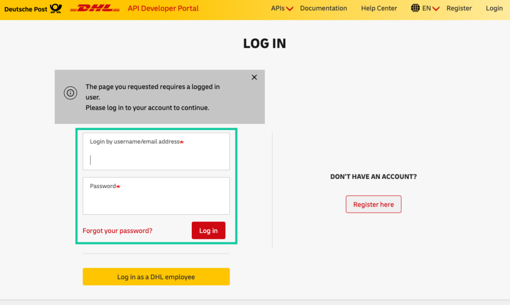 Dhl Express Log In To Developer Portal