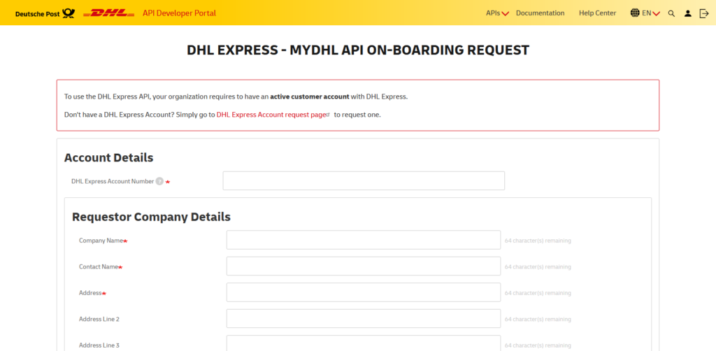 Dhl Express Mydhl Api Fill In Details