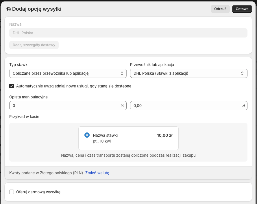 Ręczne dodawanie stawki DHL Polska w strefie wysyłki