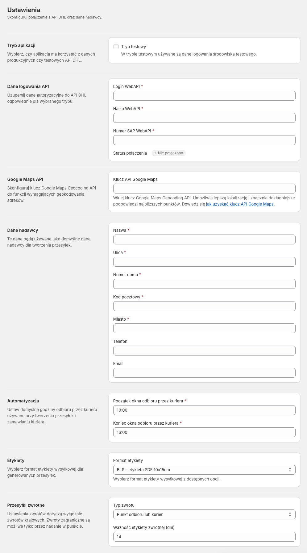 DHL Polska Shopify ustawienia główne aplikacji