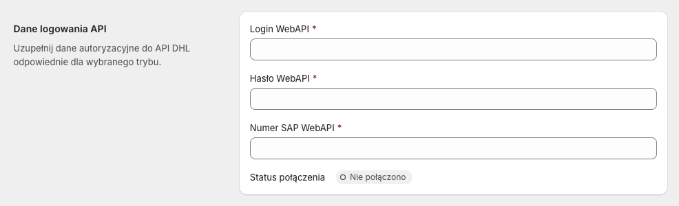 DHL polska Shopify ustawienia Dane logowania API