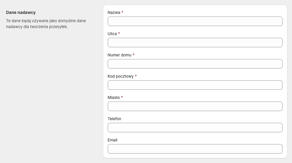 DHL Polska Shopify - Ustawienai - Dane nadawcy