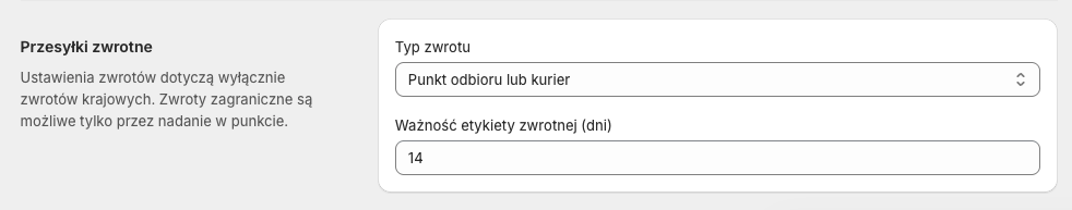 DHL Polska Shopify - Ustawienia - Przesyłki zwrotne