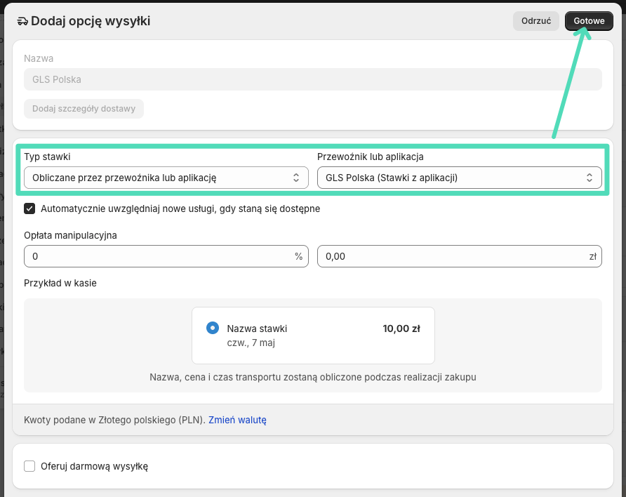 Dodaj opcję wysyłki: GLS Polska Shopify