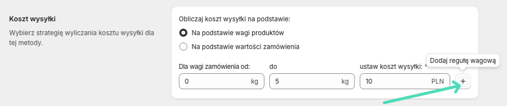 Dodawanie reguł wagowych / cenowych