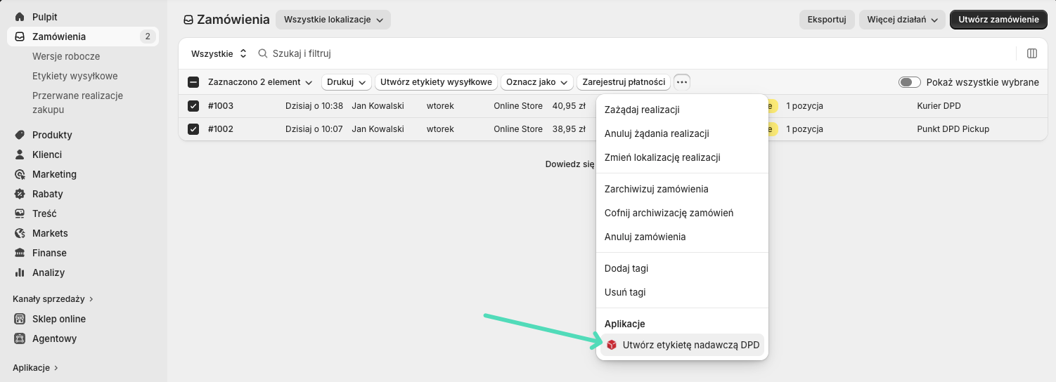 Dpd Polska Shopify Admin Akcja Utworz Etykiete Nadawcza Dpd