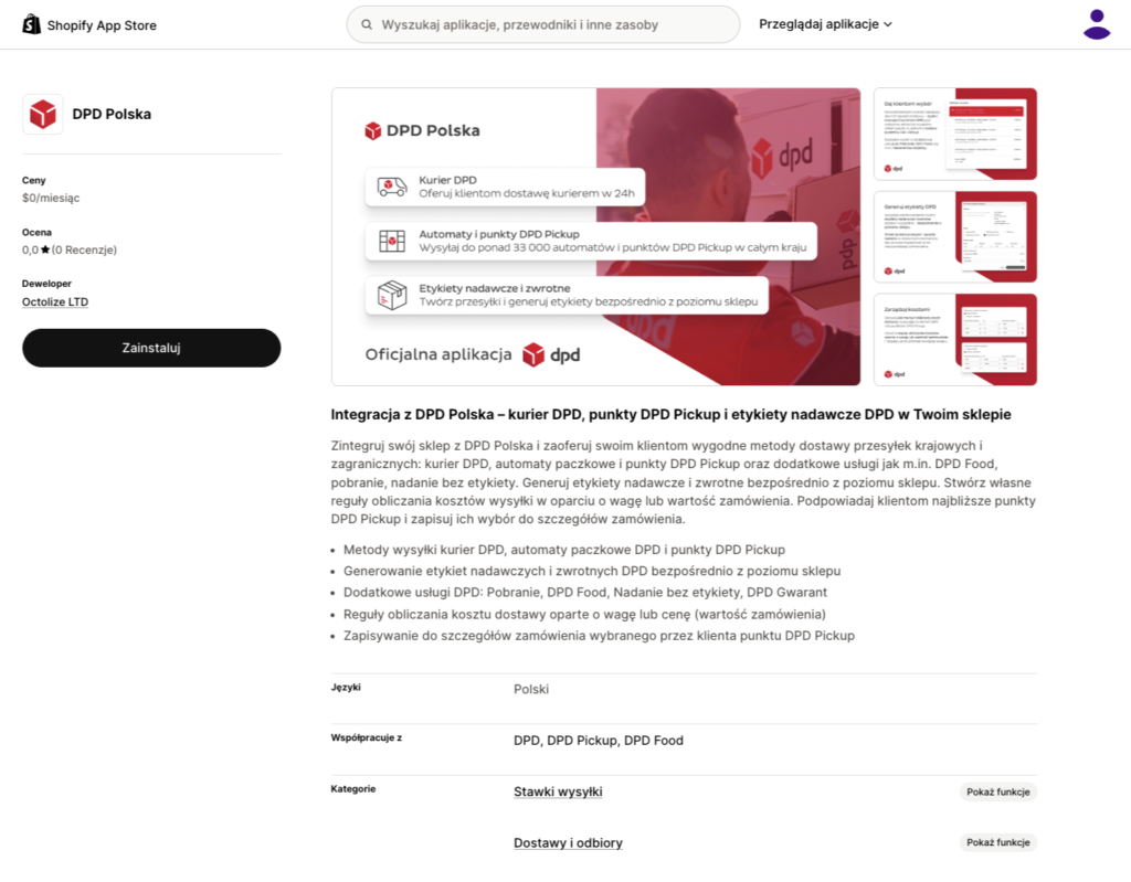 Strona aplikacji DPD Polska w Shopify App Store