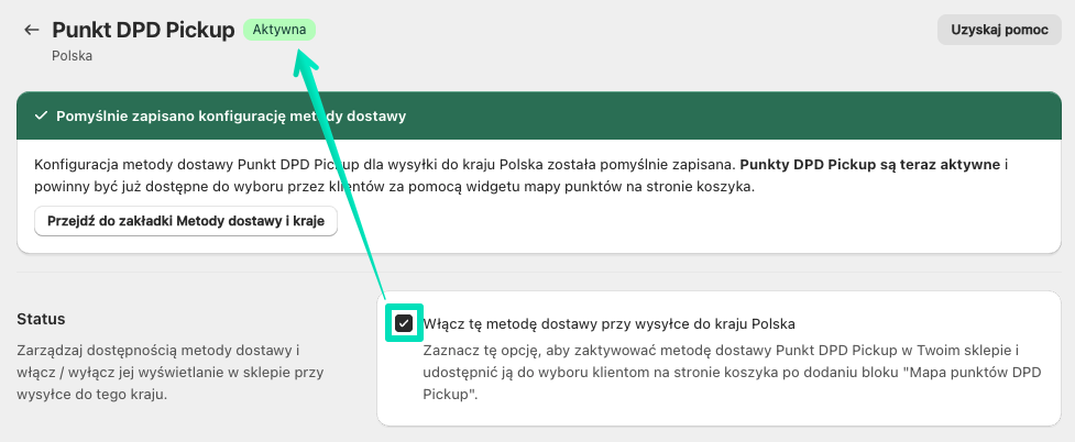 DPD Polska Shopify - Aktywna metoda dostawy Punkty DPD Pickup