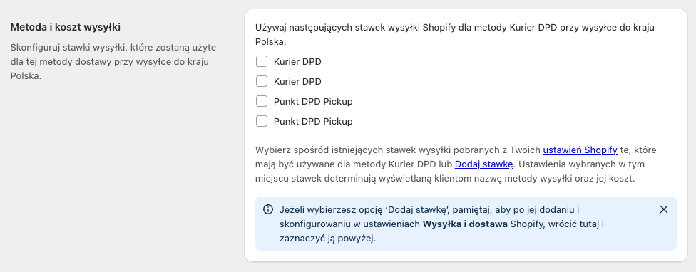 Ustawienia metody i kosztu wysyłki dla metody dostawy DPD w aplikacji Shopify DPD Polska
