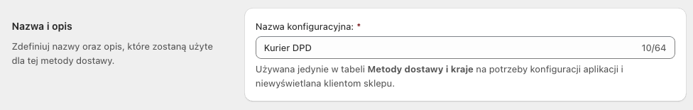 Ustawienia nazw metody dostawy DPD