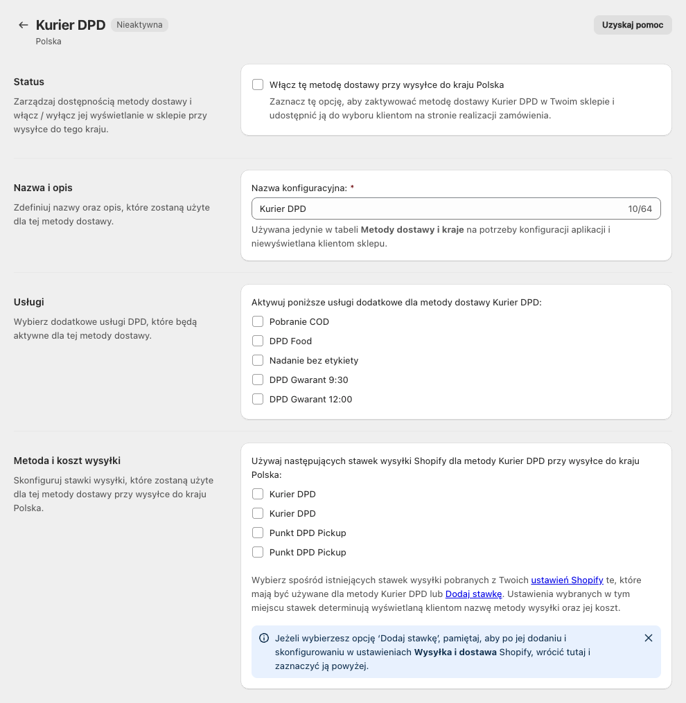 DPD Polska Shopify - Konfiguracja metody dostawy kurier DPD na planie Shopify Basic