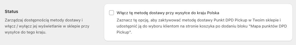 Ustawienia statusu metody dostawy DPD