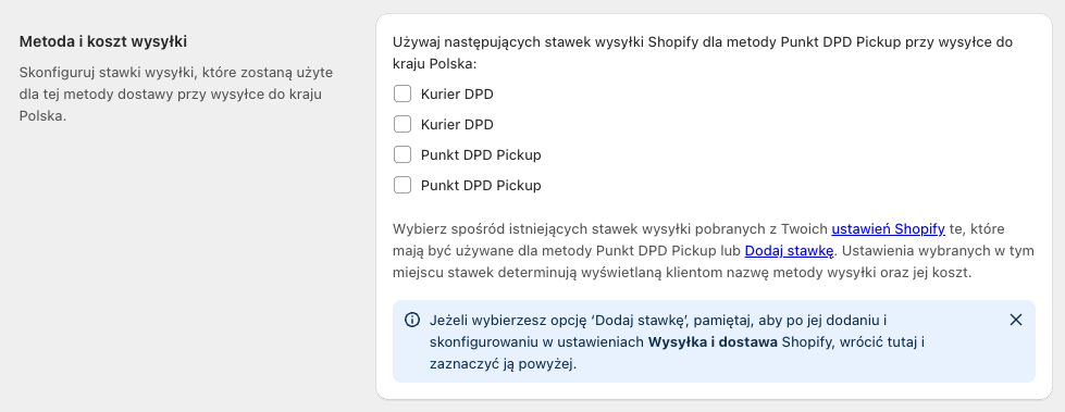 Ustawienia metody dostawy Punkt DPD Pickup - Metoda i koszt wysyłki