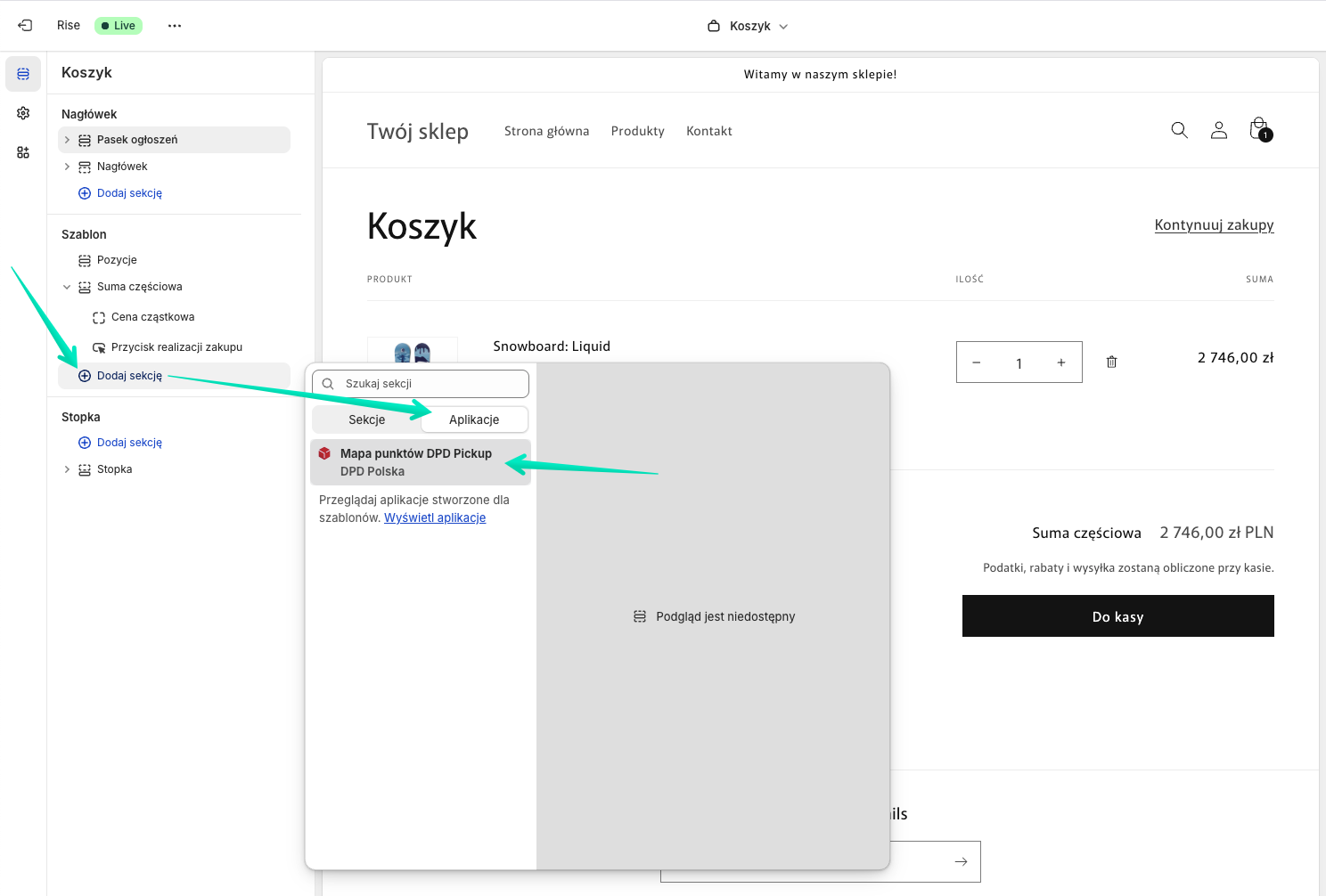 Edytor szablonów Shopify: Dodawanie bloku mapy punktów DPD Pickup