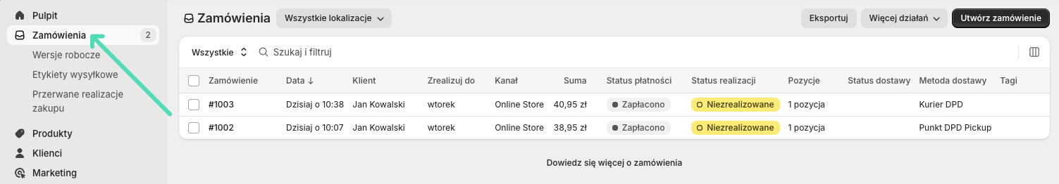 Shopify - Lista złożonych w sklepie zamówień