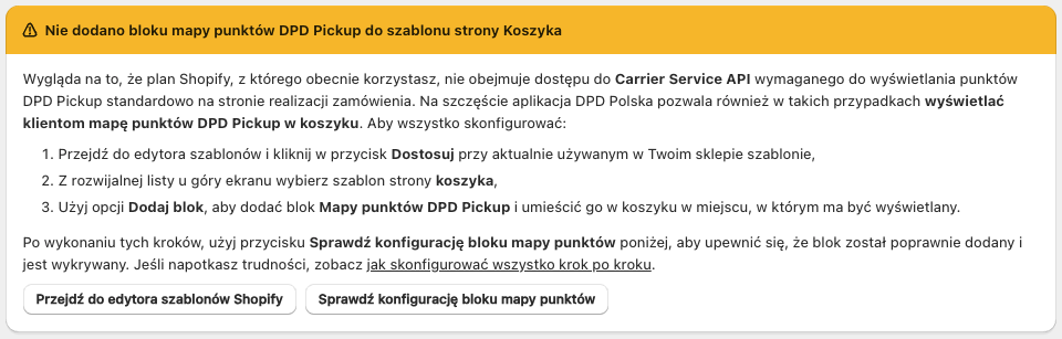 DPD Polska Shopify - Brak dodanego bloku mapy punktów do szablonu strony Koszyka