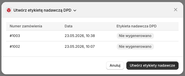 DPD Polska Shopify - Okno zbiorczego generowania etykiet nadawczych DPD