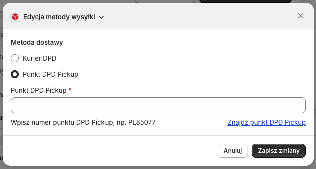 Okno zmiany metody dostawy DPD