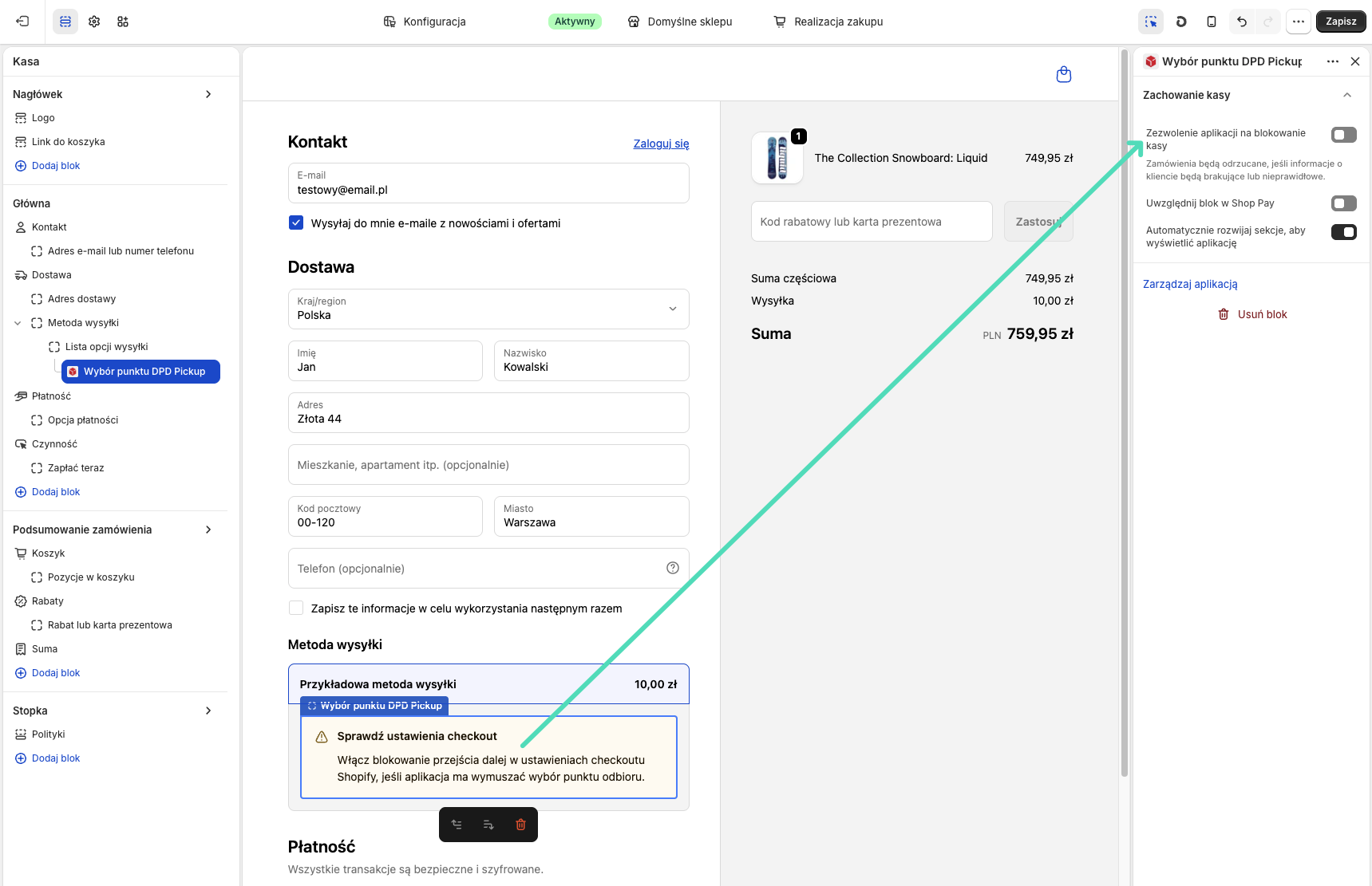 DPD Polska Shopify: Blok wyboru punktu DPD Pickup dodany do szablonu checkoutu