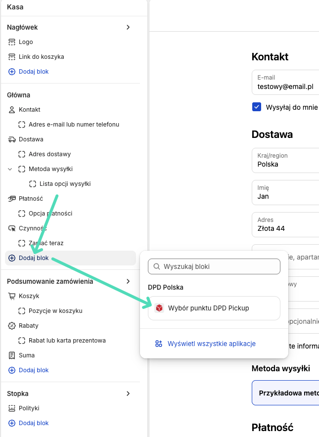 DPD Polska Shopify: Dodawanie bloku Wybór punktu DPD Pickup