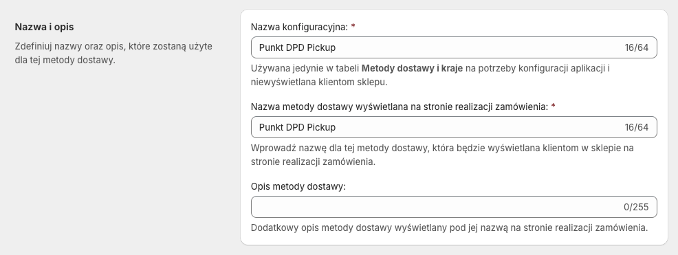 DPD Polska Shopify Plus - Ustawienia metody dostawy Punkt DPD Pickup: Nazwa i opis