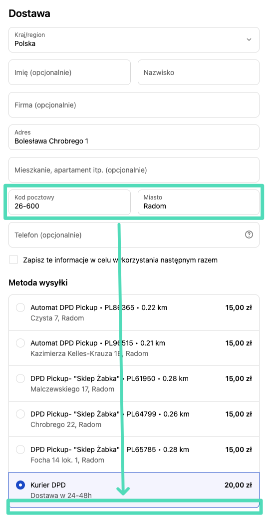 DPD Polska Shopify - Usługa DPD Food niedostępna dla wprowadzonego kodu pocztowego