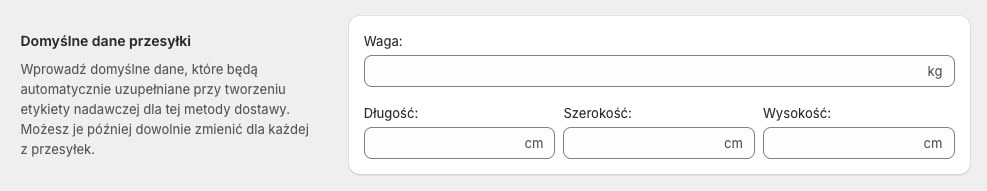Ustawienia domyślnych danych przesyłki w aplikacji Shopify DPD Polska